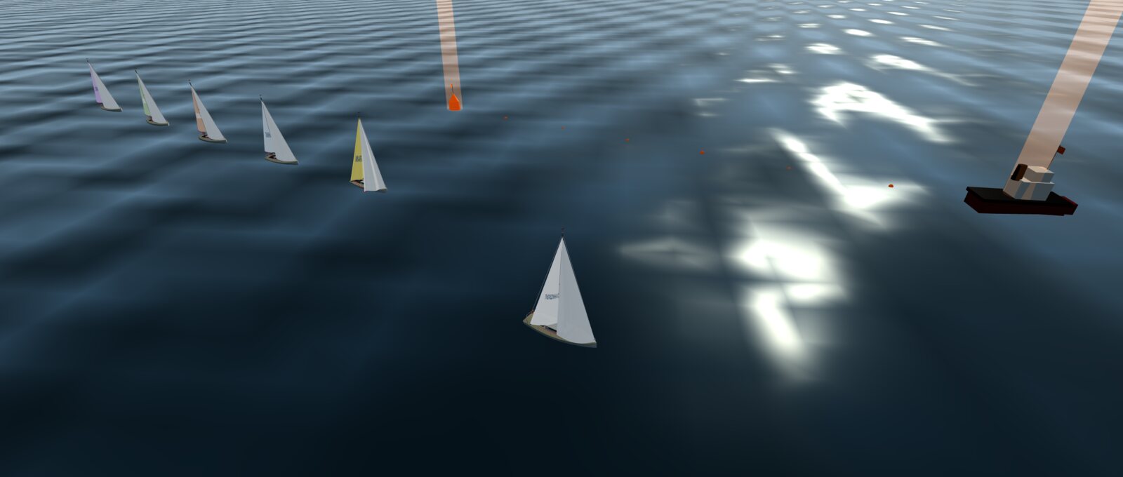 A regatta with six sailboats near the starting line—the player and five bots, along with a buoy and a committee boat